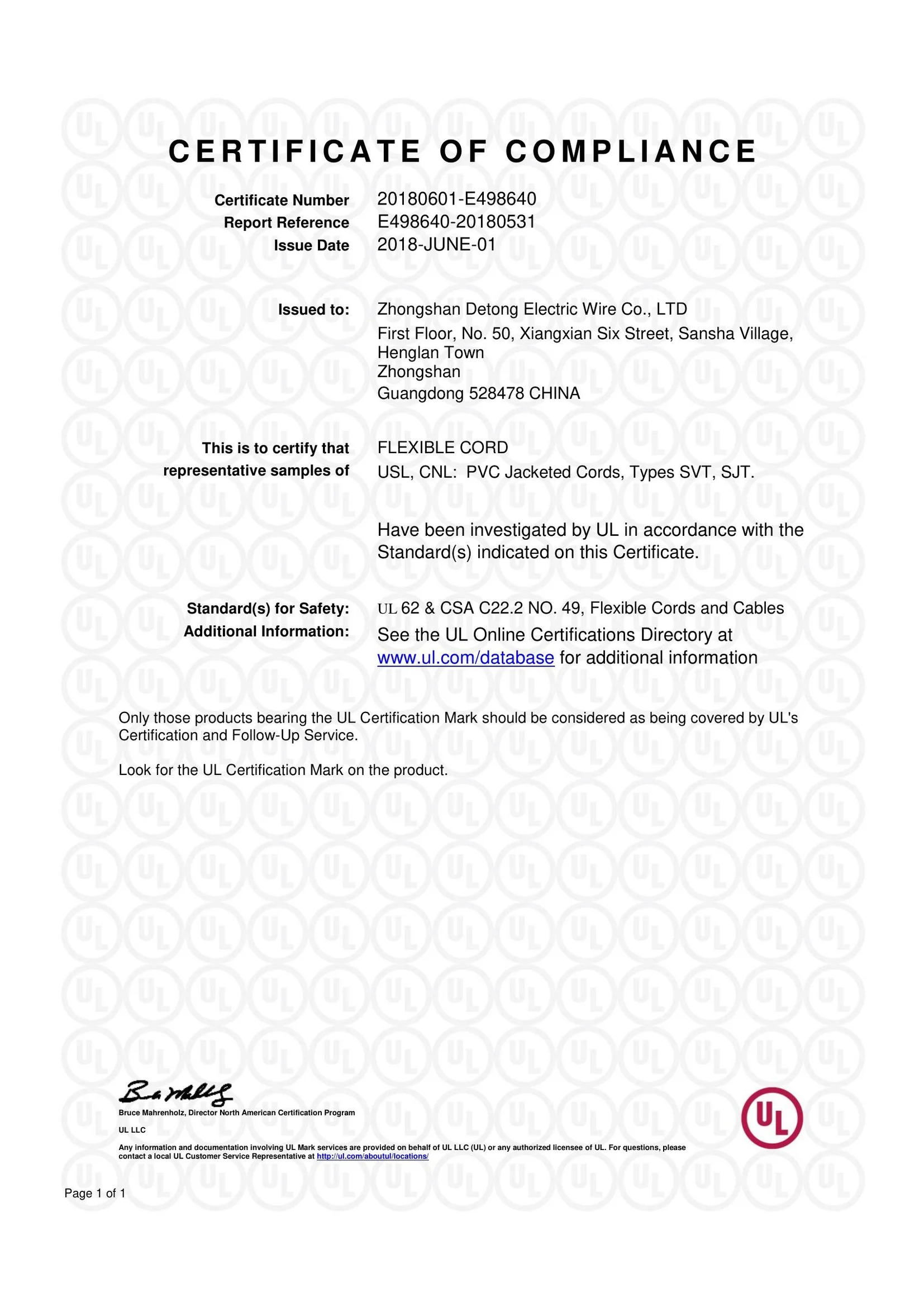 UL Listed — Power Cord